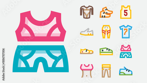 Sportswear and active clothing icons set