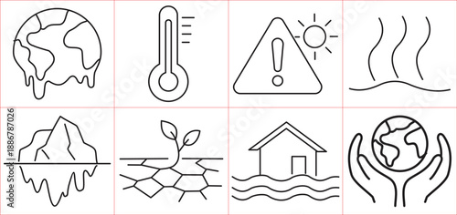Global climate change and environmental issues line icons set depicting various impacts