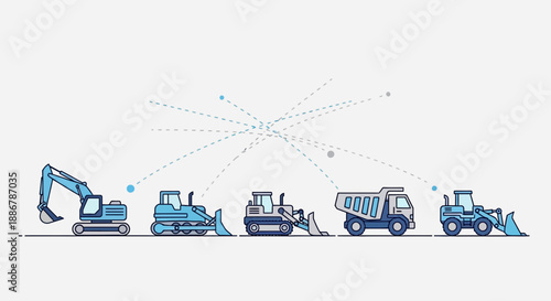 Modern Digital Network Of Heavy Construction Machinery And Vehicles Illustration Graphic Design
