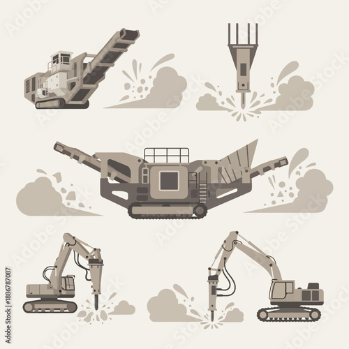 Modern Construction Demolition And Material Processing Heavy Equipment Vector Set