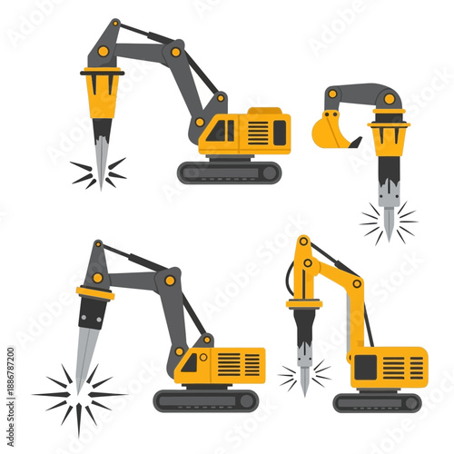 Modern Construction Equipment: Industrial Excavators With Hydraulic Hammers For Demolition And