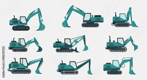Modern Construction Equipment Set With Various Powerful Excavator Vehicles Detailed Vector