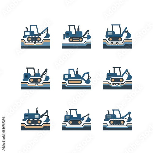 Modern Construction Excavator Heavy Machinery Icon Collection Set For Digital Projects