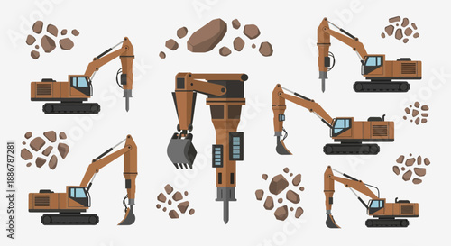 Modern Construction Excavators And Demolition Equipment Vector Set Isolated On White Background