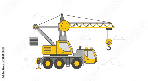 Modern Construction Mobile Crane Lifting Heavy Objects Icon Style Vector Illustration Graphic