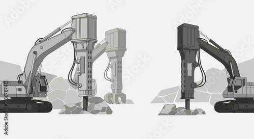 Modern Excavator Machines With Hydraulic Breaker Attachments Demolishing Rocks On Construction Site