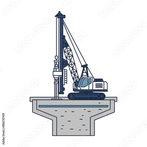 Modern Construction Pile Driver Equipment Building Foundation Engineering Illustration