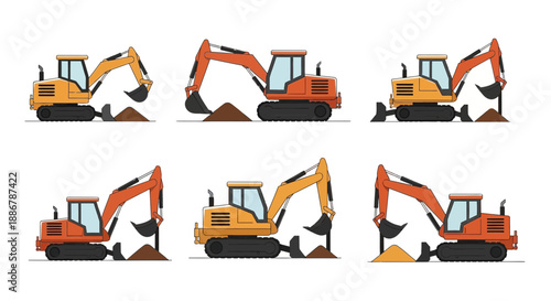 Modern Excavator Equipment Set Vector Illustration Construction Site Machinery Collection