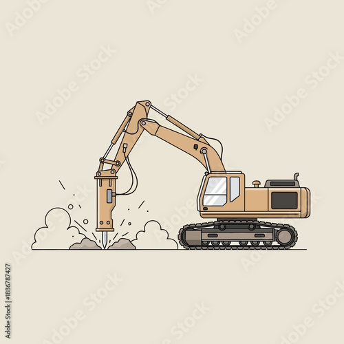 Modern Excavator With Hydraulic Jackhammer Attachment Actively Breaking Hard Surface