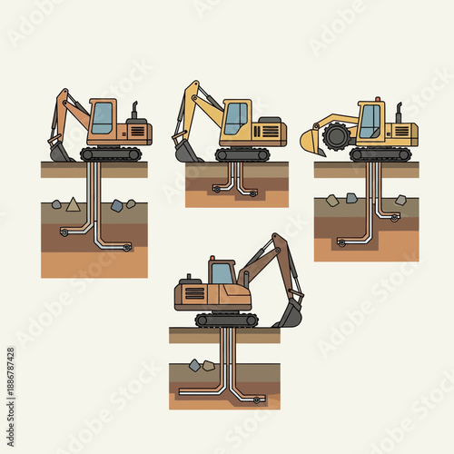 Modern Excavators Constructing Essential Underground Infrastructure Vector Design