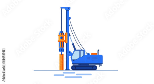 Modern Construction Pile Driver Equipment For Foundation Works Flat Vector Illustration On White