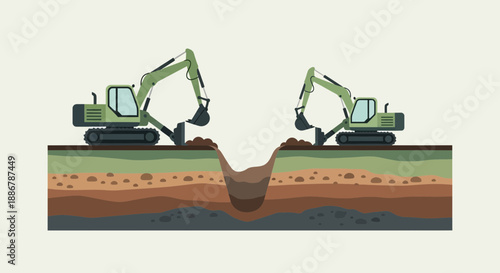 Modern Excavators Digging Deep Into Layered Earth At Construction Site Work Project