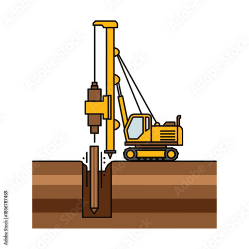 Modern Construction Piling Rig Drilling Foundation Deep Into Ground Layers Vector Illustration