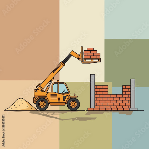 Modern Construction Project Featuring Telehandler Machine Moving Bricks Building Site