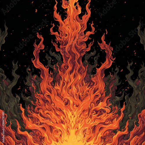 Vibrant flames rise against a black background, glowing in red, orange, and yellow. Swirling energy and scattered embers create a dynamic, intense visual of heat, motion, and elemental power.