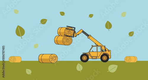 Modern Farm Equipment Efficiently Stacking Golden Hay Bales In A Green Field Scene
