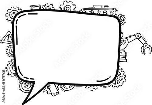 A robotic arm and machinery surrounded by cogs and gears illustrated in a speech bubble