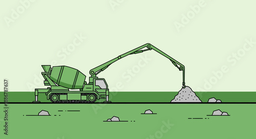 Modern Construction Site With Concrete Pumping Machine Delivering Materials For Building Project