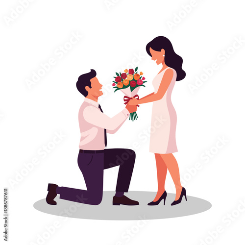 Man offers flowers while kneeling to happy woman
