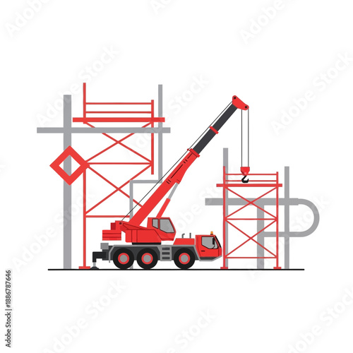 Modern Construction Site With Mobile Crane And Scaffolding Flat Design Illustration