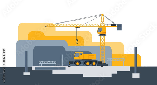 Modern Construction Site With Heavy Machinery And Tower Crane Building New Urban Infrastructure