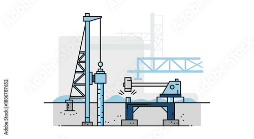 Modern Construction Site With Heavy Machinery And Foundation Work Illustration