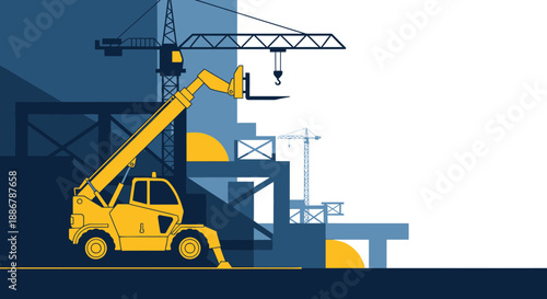 Modern Construction Site With Heavy Equipment And Building Elements Flat Design Vector Illustration