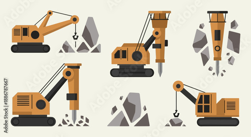 Modern Flat Design Construction Equipment Vector Collection Powerful Heavy Machinery At Work