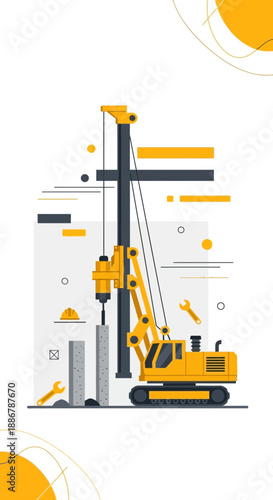 Modern Construction Site With Yellow Drilling Rig Performing Foundation Work For Urban Project