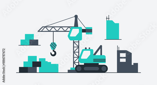 Modern Flat Design Construction Site Vector Illustration With Heavy Machinery And Building Elements