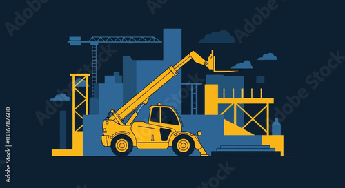 Modern Flat Design Construction Site Featuring Heavy Telehandler Forklift And Building Structures
