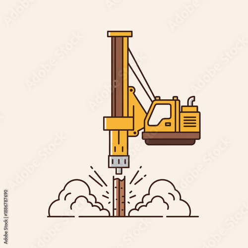 Modern Construction Site Work With Heavy Machinery Pile Driver Ground Foundation Building Process
