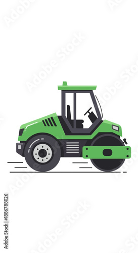 Modern Flat Design Illustration Of A Green Construction Road Compactor Vehicle