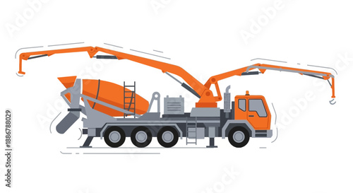 Modern Flat Design Illustration Of A Concrete Pump Truck Working On A Construction Site