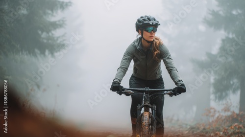 Cardio sports cycling biking exercise training, healthy lifestyle. A woman mountain biker wearing a helmet, goggles, gloves, and a jacket, riding a bicycle on a misty trail surrounded by trees.