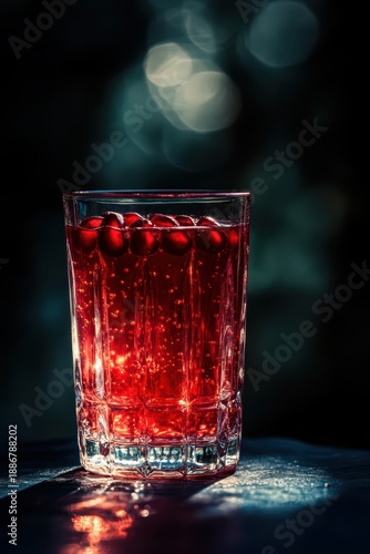 Close-Up of a Glass of Red Cocktail with Berries on a Dark Background, Captured with Soft Bokeh Lighting for Beverage and Drink Photography Marketing