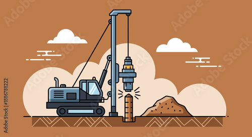 Modern Flat Design Illustration Of Construction Piling Rig Driving Foundation Pile