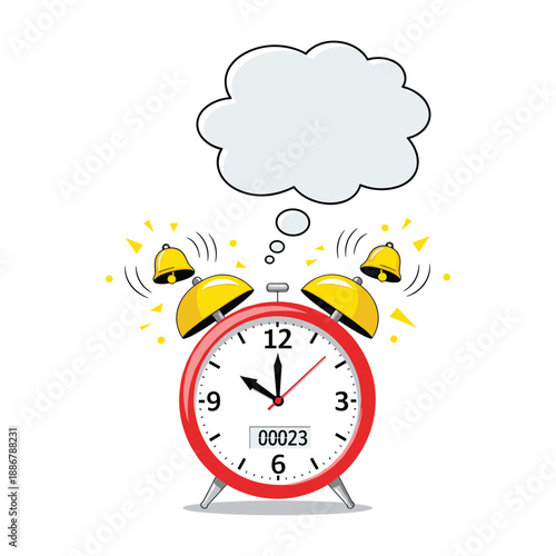 Alarm clock ringing with thought bubble above it