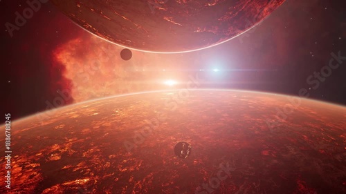 Fiery Molten Alien Planet Surface with Glowing Horizon and Distant World