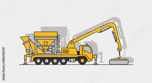 Modern Flat Design Illustration Of Heavy Concrete Mixer Truck With Crane For Construction Projects