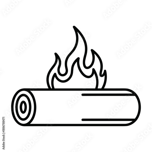Burning log with flame on white background