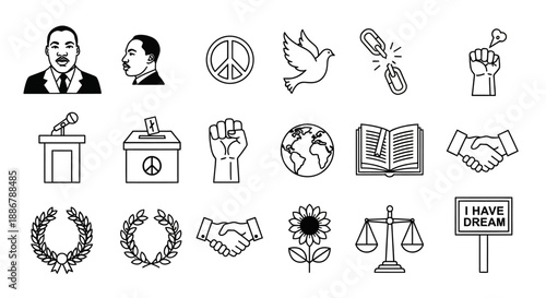 A collection of black and white line art icons representing civil rights, peace, and social justice themes.