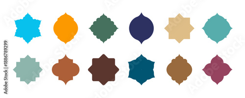 Old Mosque Islamic window shapes in oriental style. Set of traditional Arabic architecture geometric design elements, flat moroccan  arch frames and border. Vector illustration.