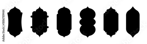 Old mosque traditional Islamic window shapes in oriental style. Black arabic door frame silhouette vector set, moroccan gates architecture design elements. Vector illustration.