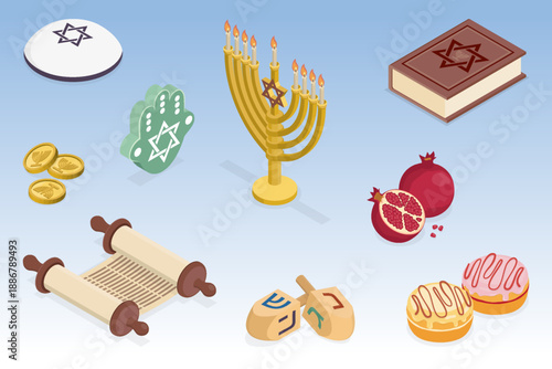 Hanukkah icons set. Menorah, dreidels, Torah scroll, yarmulke, sufganiyot, gelt coins, holy book, pomegranates, hamsa. 3d flat isometric vector illustration.