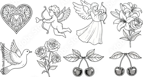 Charming line art illustrations celebrating Valentine love cupids, doves, hearts, and blossoming florals
