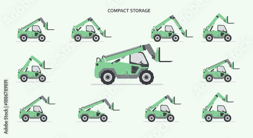 Modern Green Telehandler Forklift Vehicles Displaying Efficient Compact Storage Solutions