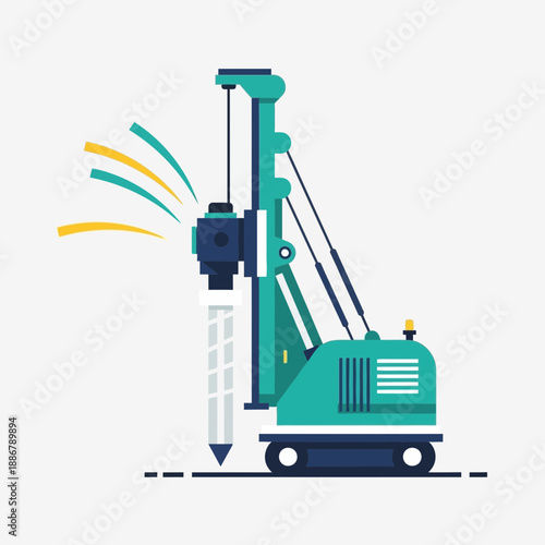 Modern Flat Design Illustration Of Industrial Pile Driver Equipment At Work