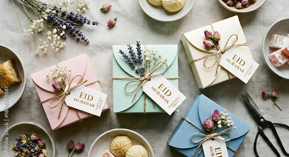 Fototapeta premium Pastel Eid Gift Boxes Flat Lay with Floral Decoration