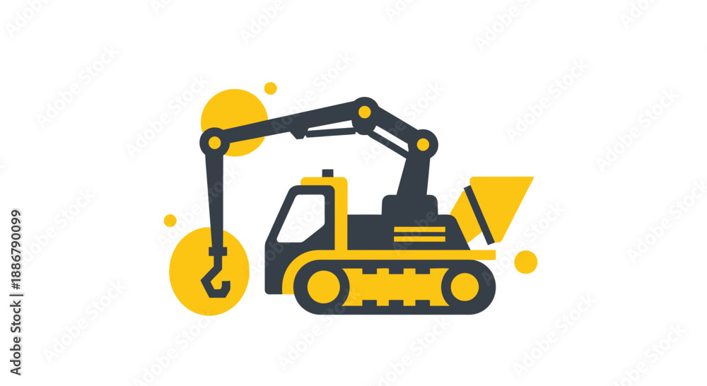 Naklejka premium Modern Heavy Construction Crane And Excavator Machinery Icon Design Element